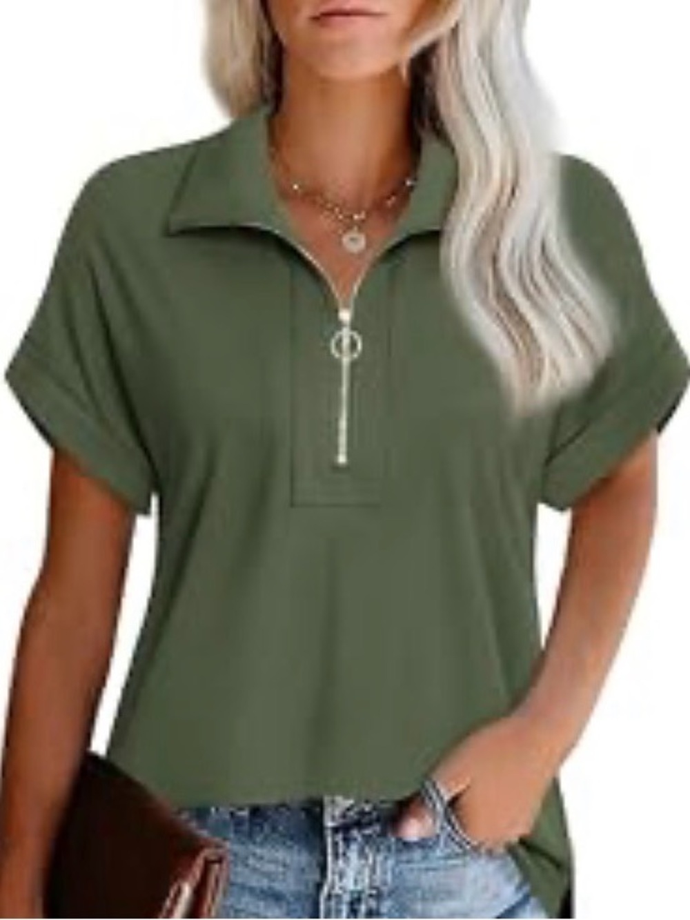 Women's Olive Short-Sleeve Zip-Front Polo Tee